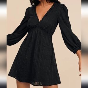 Lulu's Black Long Sleeve V-Neck Swiss Dot Mini Dress